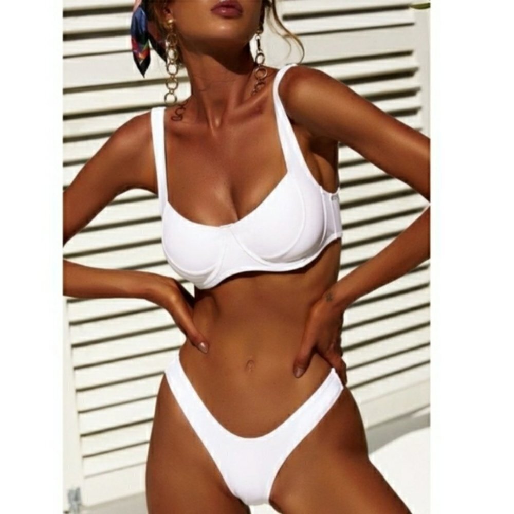 New White Underwire Top with High Cut Legs Bikini Set